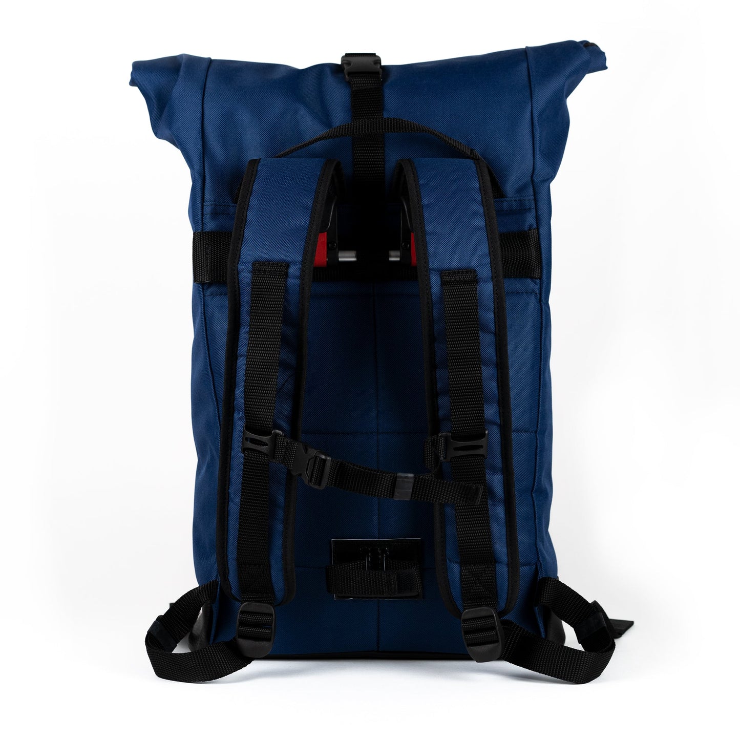 Veganer Rucksack mit Fahrradhalterung – Modell Bob Blau-Rot, wasserabweisend mit praktischer Fahrradhalterung von Spleen Berlin