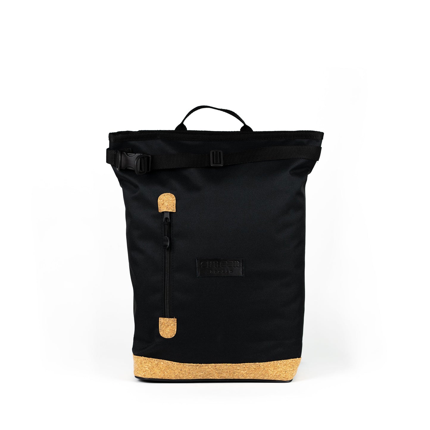 Fahrradrucksack Liz Small Black Kork von Spleen Berlin – Vorderansicht mit Vordertasche. Mit 22l Volumen ein praktischer Fahrradrucksack für die City.