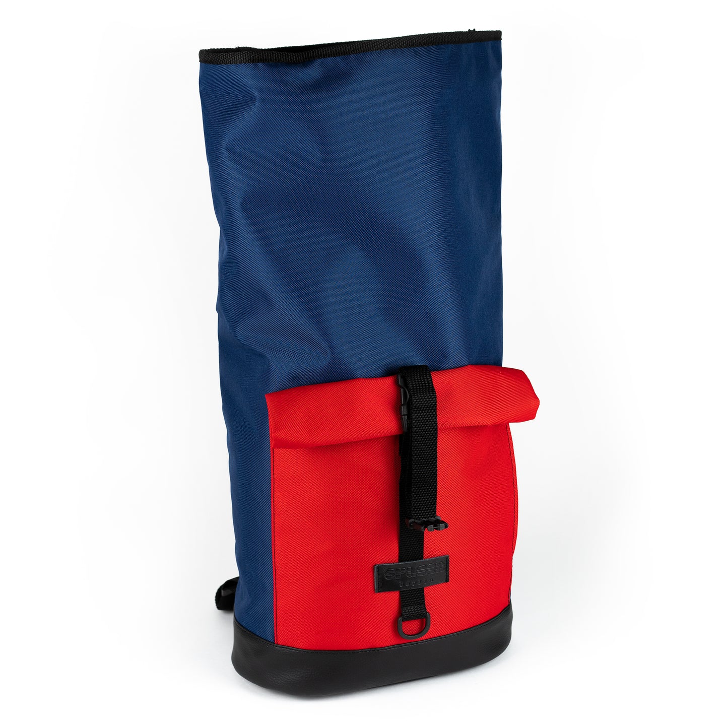 Robuster City-Rucksack in Blau mit roter Rolltop-Tasche – ideal für Fahrrad und Alltag mit 30L Volumen von Spleen Berlin.