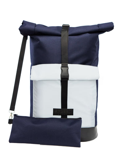Nachhaltiger Rucksack Bob Blue Glow – vegan, wasserabweisend, fair produziert in Europa von Spleen Berlin mit Organizer für Fahrradhalrerung