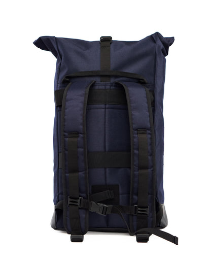 Rolltop-Rucksack Bob Blue Glow mit praktischem Reißverschluss und Clipverschluss – flexibel erweiterbar Rückenansicht ohne Fahrradhalterung mit gepolsterten Trägen