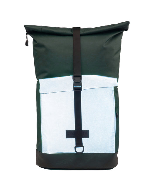Reflektierender Fahrradrucksack Bob Green Glow von Spleen Berlin– Rolltop-Design, wasserabweisend, vegan, urbaner Rucksack, Design in Berlinfair produziert in Europa
