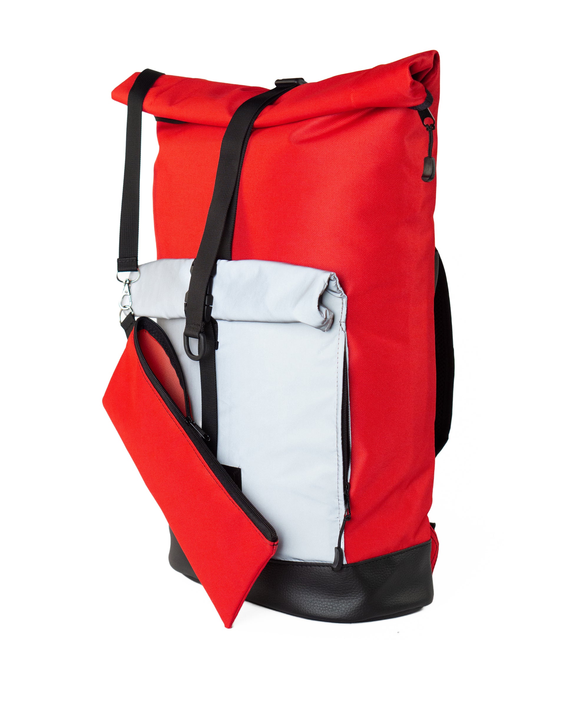 Reflektierender Rucksack Bob Red Glow – urbaner Fahrradrucksack für Alltag, Arbeit und Freizeit im Größenvergleich Rucksack und Organizer für das Fahrradsystem und andere Kleinigkeiten
