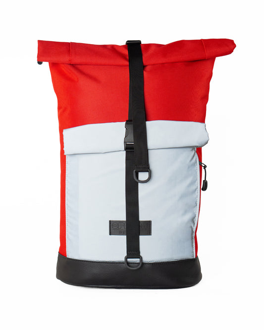 Reflektierender Fahrradrucksack Bob Red Glow – Rolltop-Rucksack in Rot, urban und wasserabweisend von Spleen Berlin