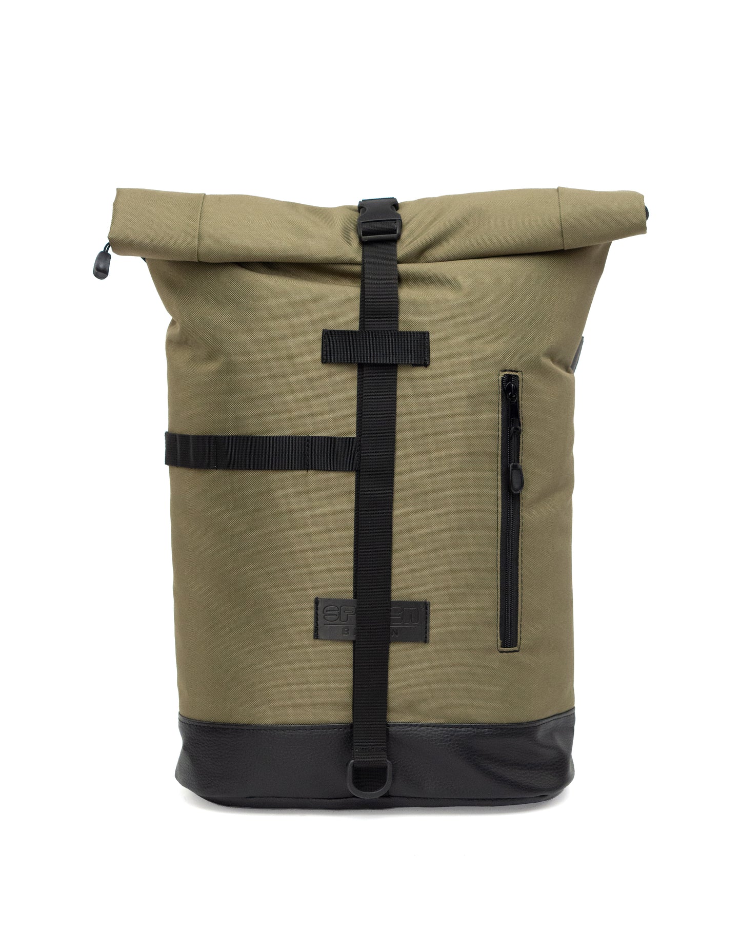 Fixie - Olive von Spleen Berlin in der Frontansicht urbaner Rucksack und Fahrradtasche in einem, mit Rolltop-Verschluss, 27 Liter Volumen. 
©Spleen Berlin