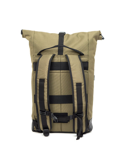 Rückenansicht des Fixie - Olive von Spleen Berlin mit gepolstertem Rücken und bequemen Trägern ideal für täglichen Komfort beim Fahrradpendeln. 
©Spleen Berlin