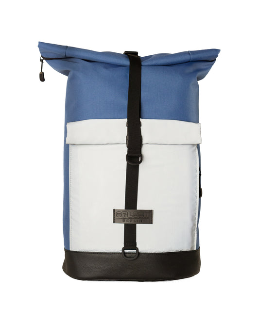 Reflektierender Fahrradrucksack Bob Ice Blue Glow – Rolltop-Design, wasserabweisend, vegan, urbaner Look