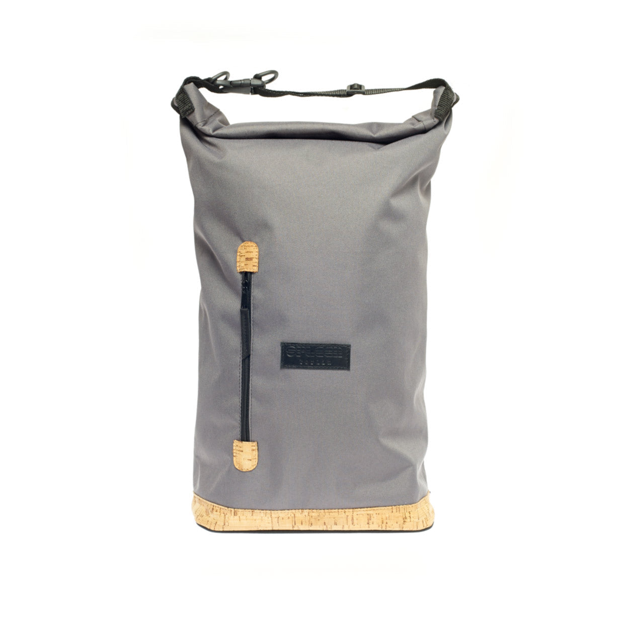 Liz - Grey Kork Rucksack und Fahrradtasche in Vorderansicht mit gepolstertem aptopfach und robustem Applikationen aus Kork. ©Spleen Berlin