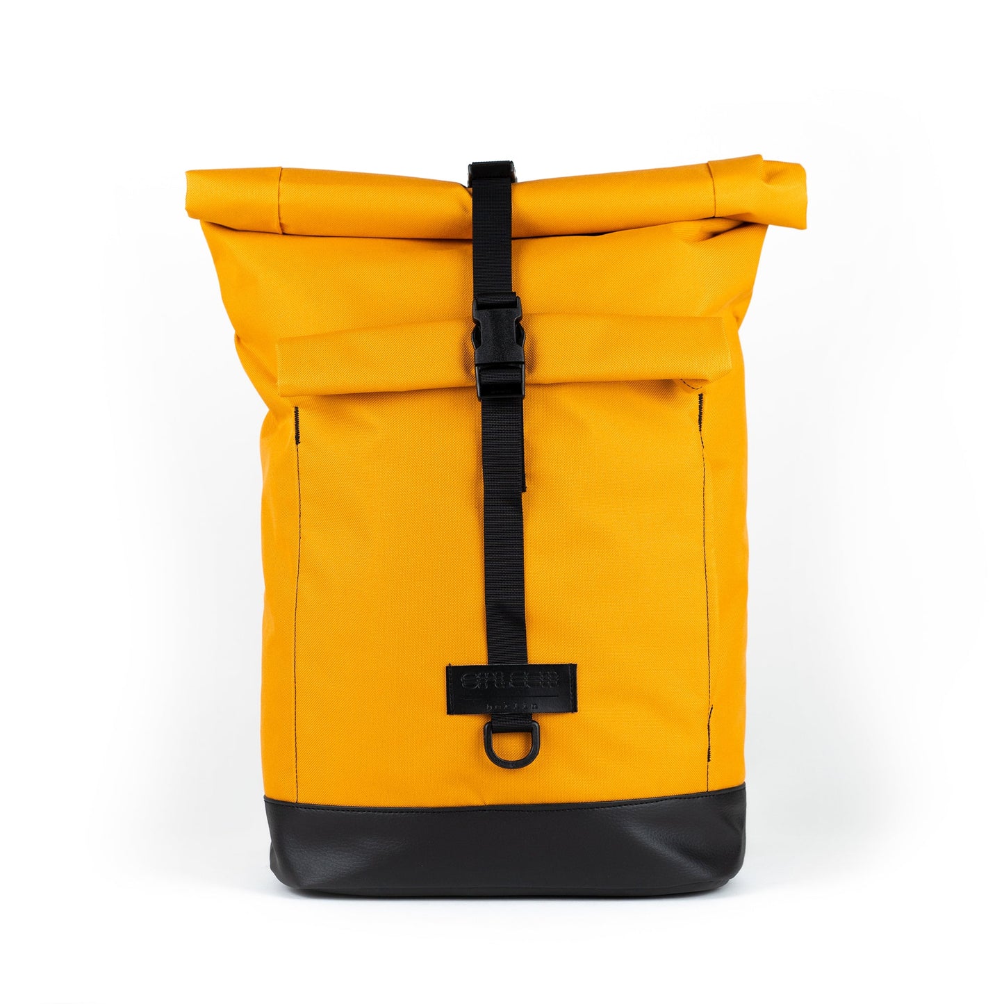 Bob - Sunrise in  leuchtendem Gelb Frontansicht mit Vordertasche. Der auffällige Fahrradrucksack von Spleen Berlin sorgt für Sichtbarkeit und Sicherheit im urbanen Alltag. ©Spleen Berlin