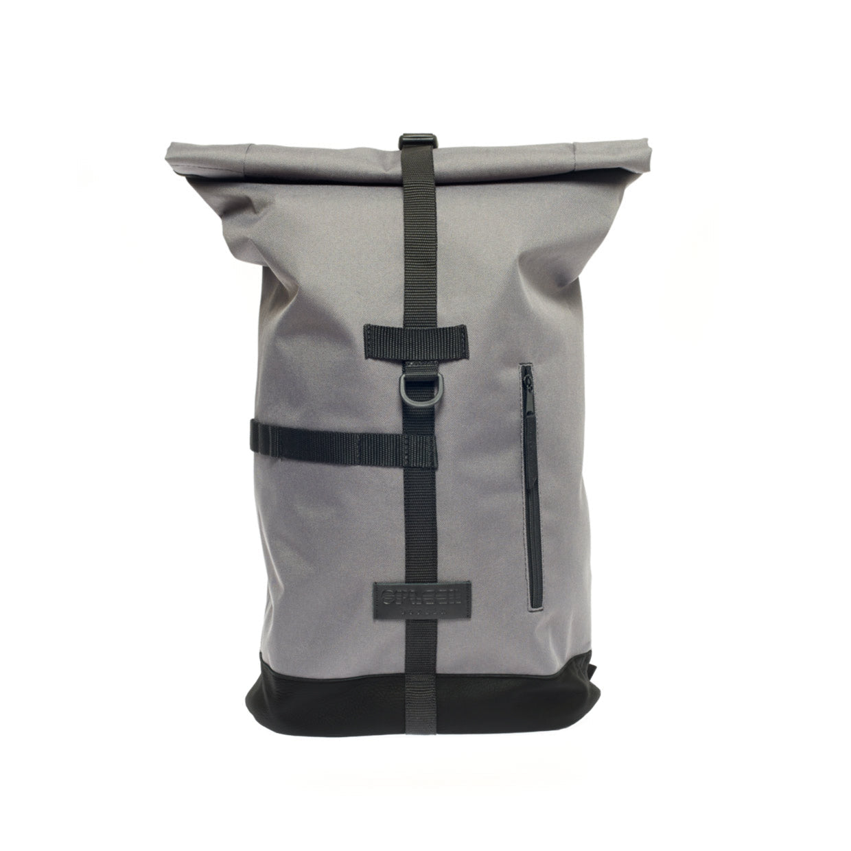 Fixie - Grey in der Frontansicht urbaner Rucksack und Fahrradtasche in einem,Vordertasche mit Zipper und  Halterung für das Bügelschloss. 
©Spleen Berlin